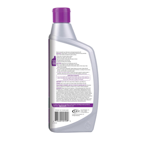 Back label of Outdoor Restorer For Vinyl, Plastic, Stone And Metal That Deeply Penetrates Faded Weathered Surfaces And Revives Patio