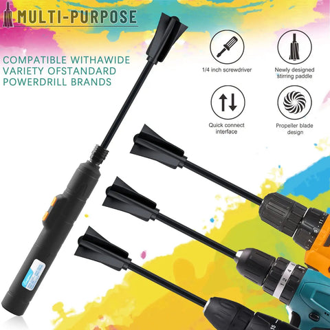 12 Piece Resin Mixer Paddles Set For Quarter Inch Drill Plastic Epoxy Mixer showing paddle design and various power drills.