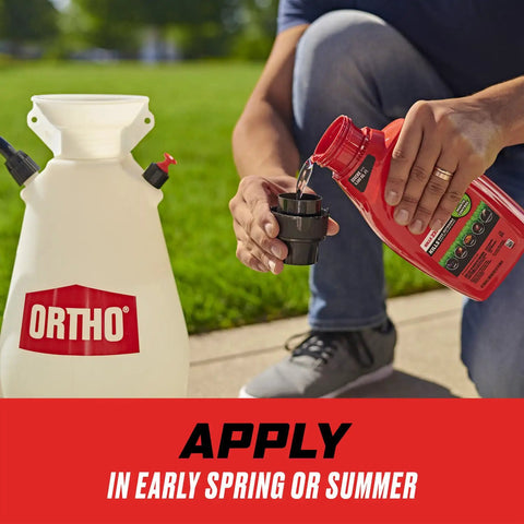 Person pouring Outdoor Insect Killer Concentrate That Kills Ants, Spiders, Fleas And Ticks On Contact into sprayer.