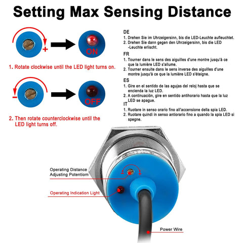 Close-up of Shielded 30Mm Capacitive Proximity Sensor Switch Built To Last LJC30A3-10-ZCY with instructions for max sensing distance