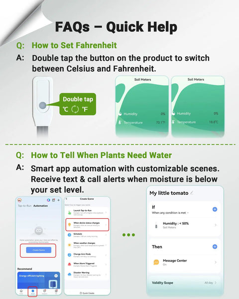 Smart WiFi Soil Moisture Meter For Plants With App Alerts No Guesswork 2 In 1 Sensor Tracks Moisture And Temperature Remotely Real Time Data For Indoor Outdoor Gardening And Houseplant Care, app FAQ screen