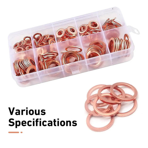 Copper Crush Washer Set 200 Piece With 10 Metric Sizes M5 M6 M8 M10 M12 M14 Universal Oil Drain Plug Gasket Kit For Cars Trucks And Bikes Gold Finish Shine