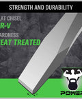 Close-up of a chrome vanadium flat chisel with heat treatment from 28 piece punch and chisel set for automotive tasks.