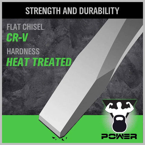 Close-up of a chrome vanadium flat chisel with heat treatment from 28 piece punch and chisel set for automotive tasks.