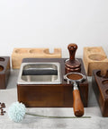 Premium Wooden Espresso Tamper Holder With Slick Drip Catch Tray And Knock Box Replacement Rock Solid Anti Slip Countertop Organizer displaying tools.