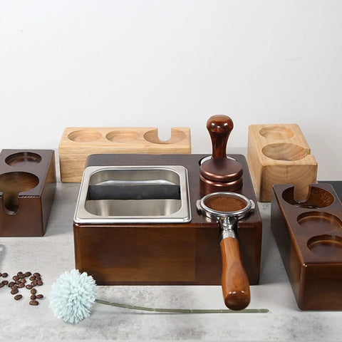 Premium Wooden Espresso Tamper Holder With Slick Drip Catch Tray And Knock Box Replacement Rock Solid Anti Slip Countertop Organizer displaying tools.