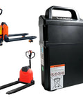 Power Up Your Fleet With This 24 Volt 20 Ah Pallet Jack Truck Battery Featuring Super Strong Power Output And Long Cycle Life Plus Smart Bms Protection For Forklifts next to electric pallet jack.