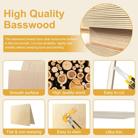 XMAXUECY basswood sheets, 12x18x1/8 in unfinished wood; stack of sheets shown with six feature icons