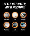 Black background with text 'Seals Out Water, Air & Moisture' above icons labeled Kitchen, Bath, Gutters, Plumbing, Auto, Marine.