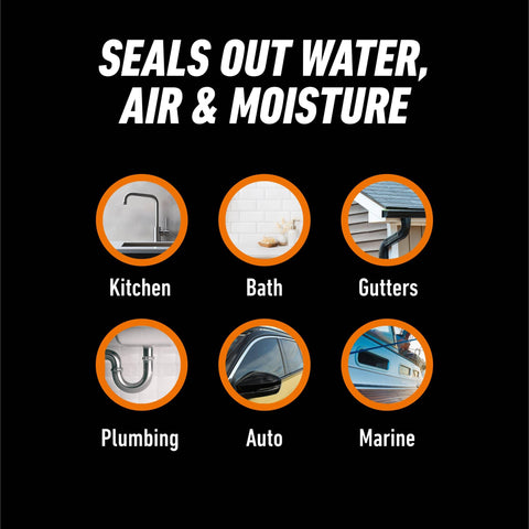 Black background with text 'Seals Out Water, Air & Moisture' above icons labeled Kitchen, Bath, Gutters, Plumbing, Auto, Marine.