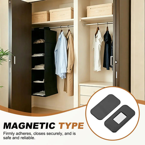 Open wardrobe with clothes and Ultra Thin Stainless Steel Cabinet Door Magnets With Adhesive Backing No Drill Required 4 Pack