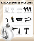 12 accessories for Grab This Bad Boy Of A Handheld Steam Cleaner For Home! include brushes, nozzles, and tools for versatile cleaning.