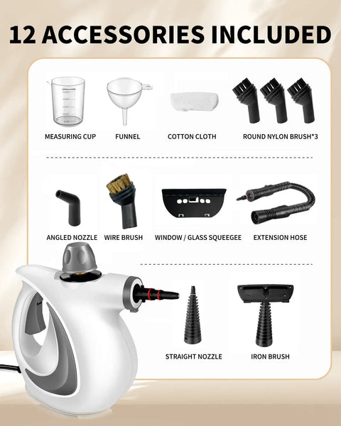 12 accessories for Grab This Bad Boy Of A Handheld Steam Cleaner For Home! include brushes, nozzles, and tools for versatile cleaning.