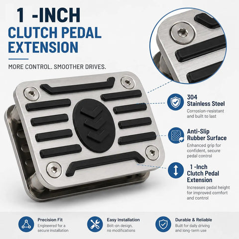 Heavy Duty 304 Stainless Steel Clutch Pedal Extender With Grippy Anti Slip Rubber Surface For Manual Transmission Cars showing 1-inch extension design.