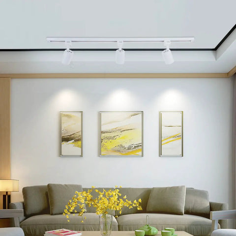 Living room with Six Pack LED Track Lighting Heads for single circuit H type rails illuminating art on a wall.