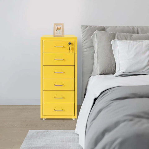 Solid Six Drawer Vertical Steel Rolling File Cabinet For Docs And Tools With Smooth Caster Wheels in yellow next to a bed.