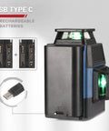 Pro Grade Self Leveling Laser Level Kit With 3x360 Degree Green Beams, 12 Lines, showing USB Type C and batteries