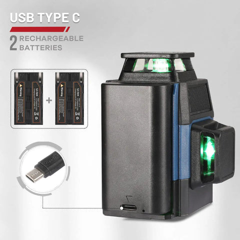 Pro Grade Self Leveling Laser Level Kit With 3x360 Degree Green Beams, 12 Lines, showing USB Type C and batteries