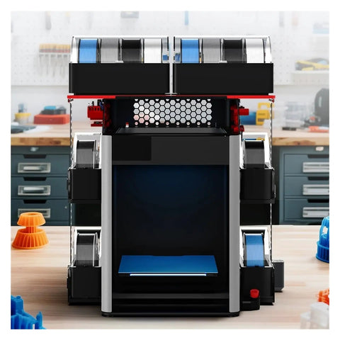 Slick Filament Storage Rack Compatible With Bambu Lab H2 Series holds four AMS HT spools, sleek black design, organized workspace.
