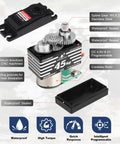 Exploded view of Waterproof 45Kg High Torque RC Steering Servo with metal gears for RC crawlers, highlighting features and components.