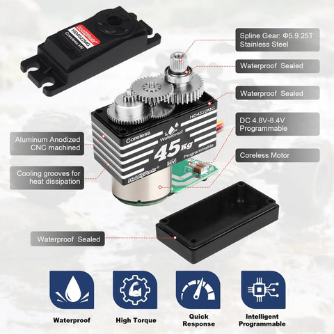 Exploded view of Waterproof 45Kg High Torque RC Steering Servo with metal gears for RC crawlers, highlighting features and components.