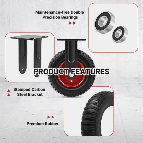 Product features of 8 Inch Outdoor Heavy Duty Caster Wheels Set Of Two Badass Rubber Castors With Brake 1100 Lbs Load Capacity.