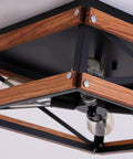 Close-up of 4 Light Rustic Farmhouse Flush Mount Ceiling Light With Metal And Wood Square Frame Dope Black Finish for hallways