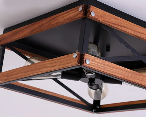 Close-up of 4 Light Rustic Farmhouse Flush Mount Ceiling Light With Metal And Wood Square Frame Dope Black Finish for hallways
