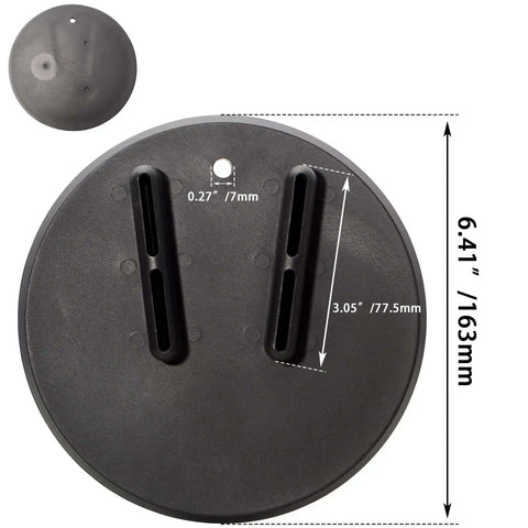 Black round Jiffy Stand Coasters Kickstand Pad For Harley All Motorcycles with dimensions and slots for stopping kickstand sinking.