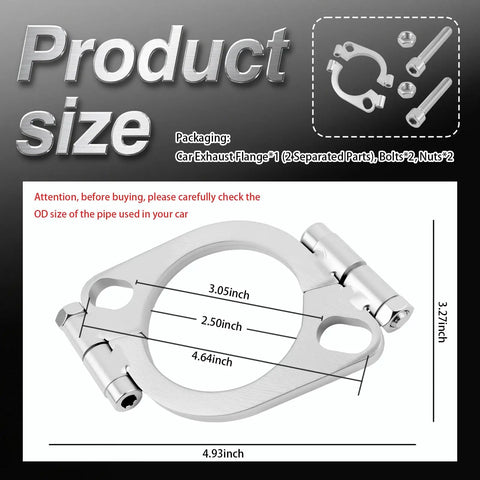 No Sweat 2.5 Inch Split Exhaust Flange Repair Kit With Stainless Nuts And Bolts For Automotive Oval Pipe Leak Seal, showing dimensions.