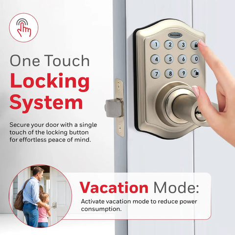 Person using Keyless Entry Lever Door Lock With Electronic Keypad One Touch Locking For Front Door Satin Nickel Finish Easy Install