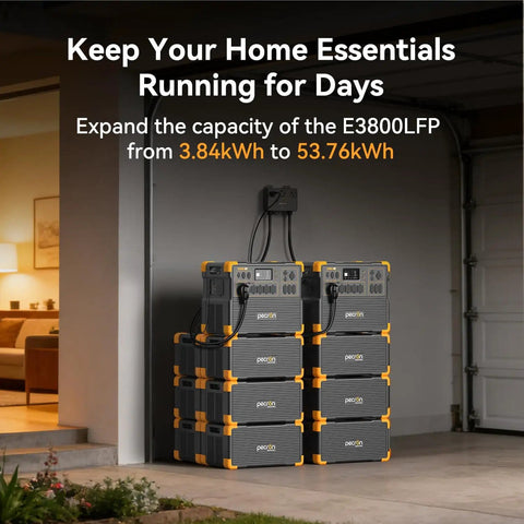 Massive 3840Wh LiFePO4 Expansion Battery stacked in garage, E3800LFP model expansion from 3.84kWh to 53.76kWh capacity