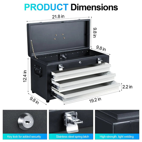 Three Drawer 22 Inch Portable Metal Tool Box With Heavy Duty Steel Build Dual Locking System Built In Drawer Lock Tool Chest Organizer