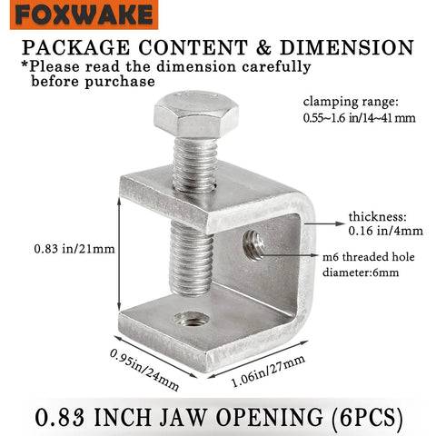 Mini C Clamps Stainless Steel 0.83 Inch For Working, I Beam Design with 0.83in jaw opening and M6 threaded hole, 6 pack