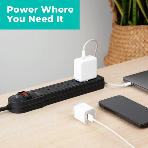 Two Pack Six Outlet Surge Protector Power Strips With Four Foot Cord 900 Joules Overload Protection Lighted Switch Great For Home Office Entertainment Gaming Setups Black on desk powering devices