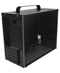 Back angled view of V500 Mini Portable ITX Case with handle, black, tool free assembly, full side transparent acrylic, supports 320mm GPU.