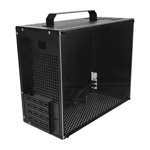 Back angled view of V500 Mini Portable ITX Case with handle, black, tool free assembly, full side transparent acrylic, supports 320mm GPU.