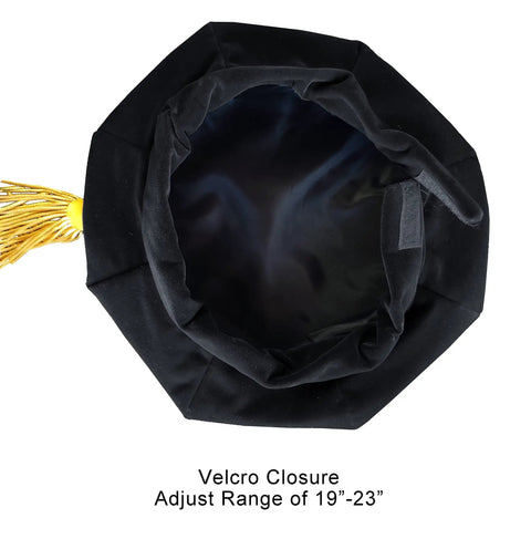 Top view of black velvet tam with velcro closure from Sky Blue Doctoral Graduation Gown Set With Black Tam And Gold Hood, Dope Matte Polyester Regalia