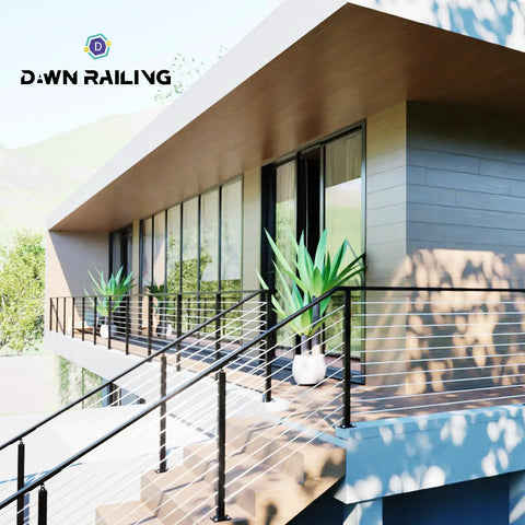 Modern house deck with Beefy 36 Inch High Steel Cable Railing Post For Decks, Heavy Duty Middle Post, black powder finish