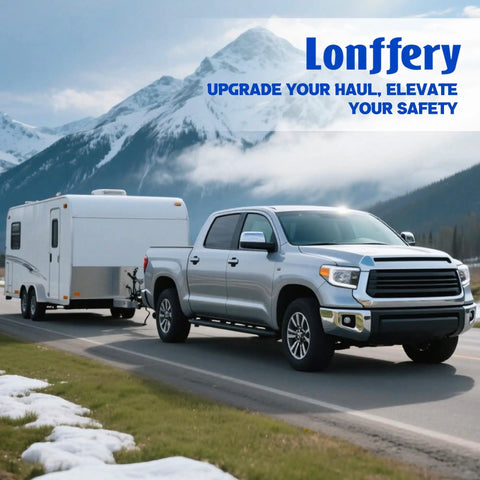 Truck towing a travel trailer in a mountainous landscape with 'Lonffery' logo and text 'Upgrade Your Haul, Elevate Your Safety'.