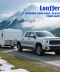 Truck towing trailer in mountains, promoting Trailer Leaf Spring Hanger Kit For One And Three Quarters Inch Springs, Single Axle, 2000 To 7000 Lbs, Complete Suspension And Shackle Hardware Kit For Heavy Duty Towing And No Hassle Install.