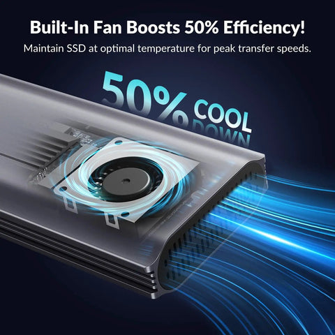 Built-in fan in Sleek External NVMe SSD Enclosure With Thunderbolt 4 And USB4 Ports enhances cooling and efficiency.