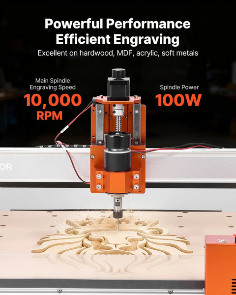 CNC Router Machine With 100W Spindle For Wood Acrylic And More, showing 3-axis engraving and milling action on wood