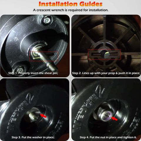 Installation guide for Prop And Nut Kit E For Minn Kota Trolling Motors MKP 33 And MKP 38, showing shear pin placement.