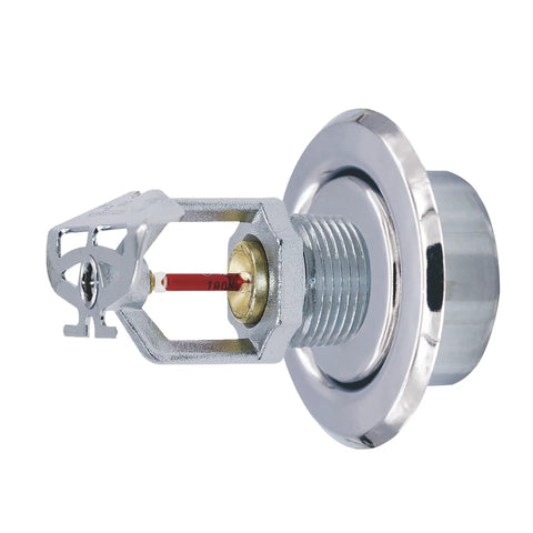 Badass Chrome Sidewall Fire Sprinkler Head With Escutcheon Horizontal Spray 1/2 Inch NPT 155F on a silver trim.