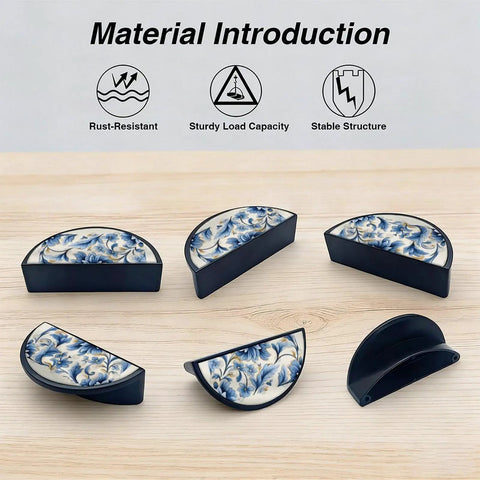 Vintage Blue Gold Floral Cabinet Handles Set 3 Inch Center To Center Semicircle Drawer Pulls on wooden surface