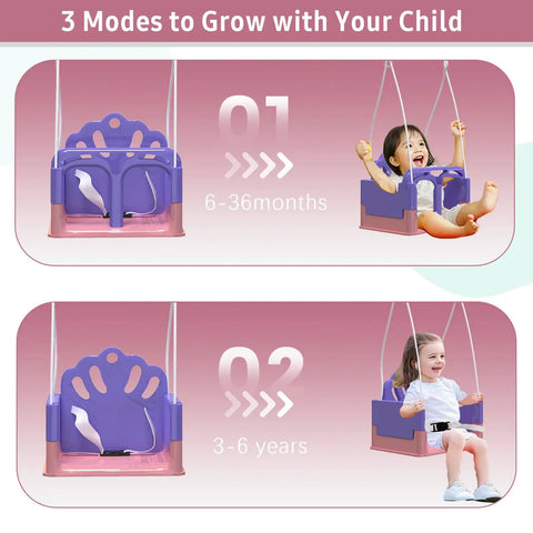 Foldable Toddler Swing Set For Indoor And Outdoor Play, Adjustable Seat Heights To Grow With Your Child, image showing 6-36 months and 3-6 years modes.