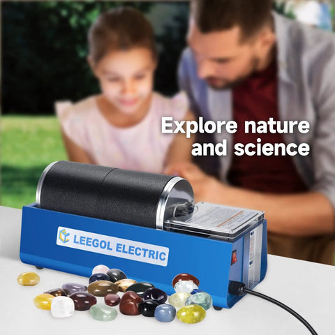 Electric Rock Tumbler With Dual Drum, 6Lb Capacity Lapidary Polisher built for rockhounds and gem hobbyists on outdoor table