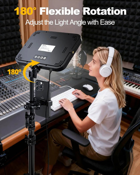 Two Pack LED Video Light Kit With Dimmable 3000K To 6500K Color Temperature in studio setup, 180° adjustable tripod, woman in headphones