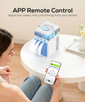 4 In 1 Portable Evaporative Air Cooler With App Control on table, showing app interface on phone nearby